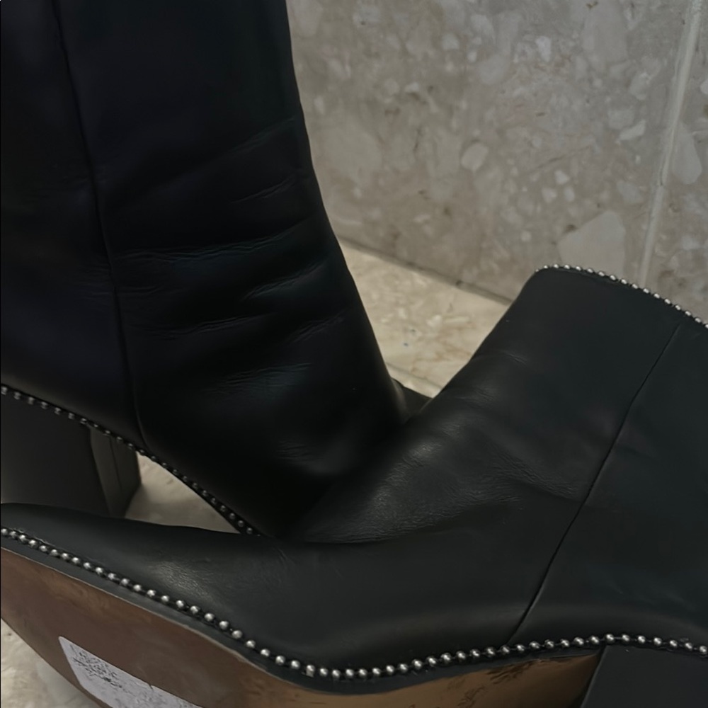 Black Heeled Boots with Studded Trim